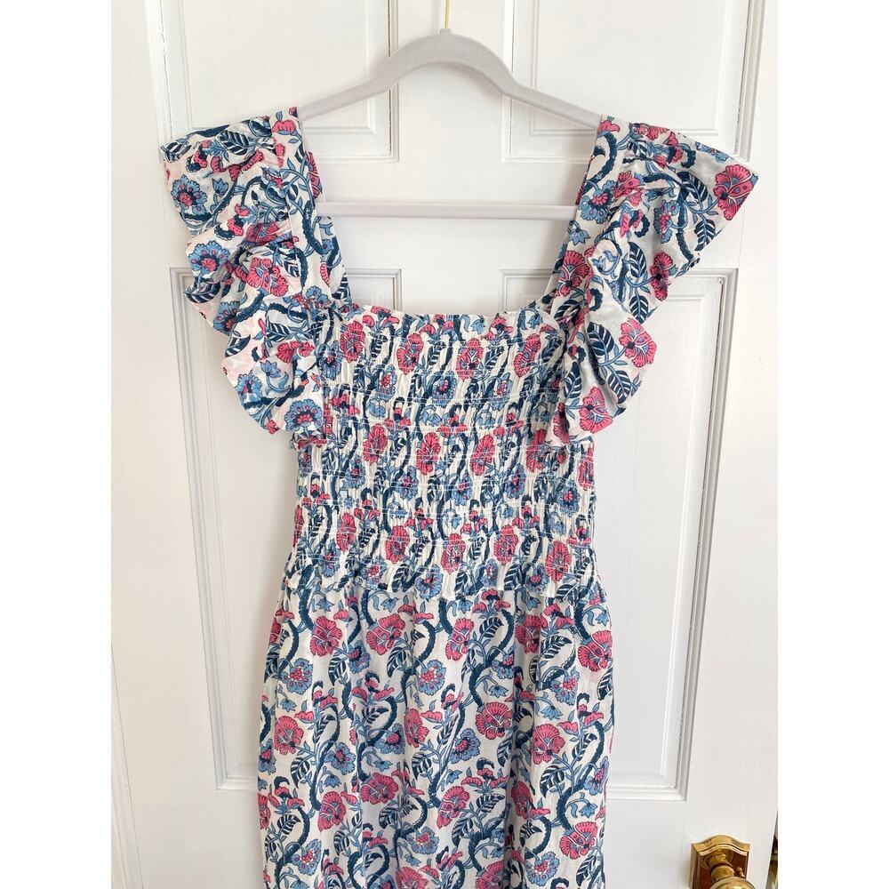 ANNA CATE Giselle Dress Blue Pink Floral Block Print Ruffle Smocked Maxi - Picture 4 of 8
